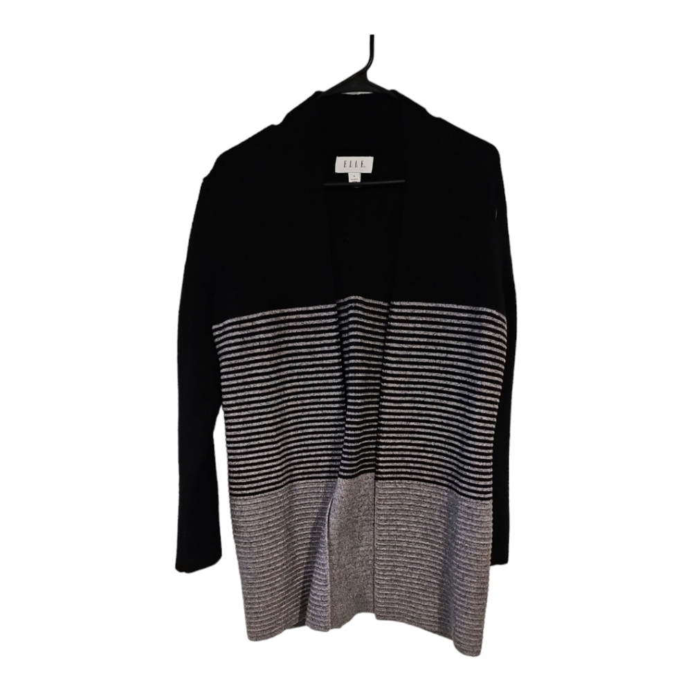 ELLE Black & Gray Open Front Long Color block Cardigan Sweater sz S - Picture 3 of 12